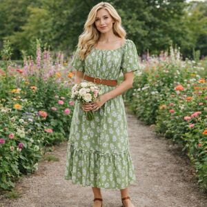 Crown & Ivy Green Floral Midi Dress M NWT Off Shoulder Linen Cottagecore Coastal